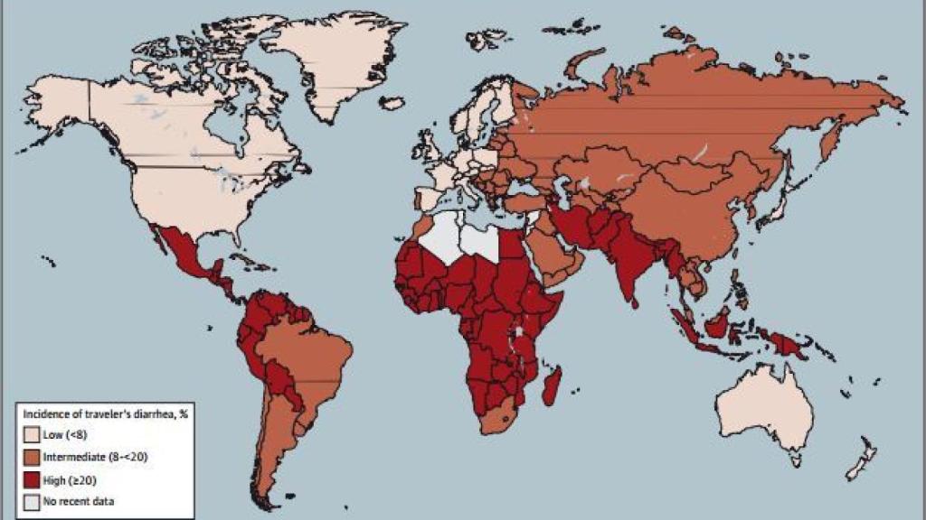 El mapa de la diarrea, países clasificados según el riesgo de que el viajero la sufra.