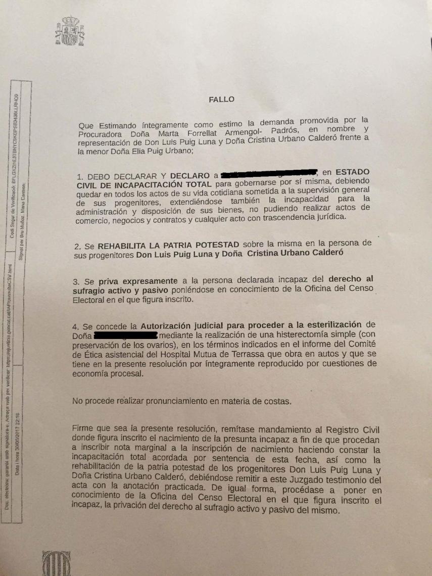 El fallo del Juzgado Nº8 de Terrassa permitirá extirparle la matriz a E.