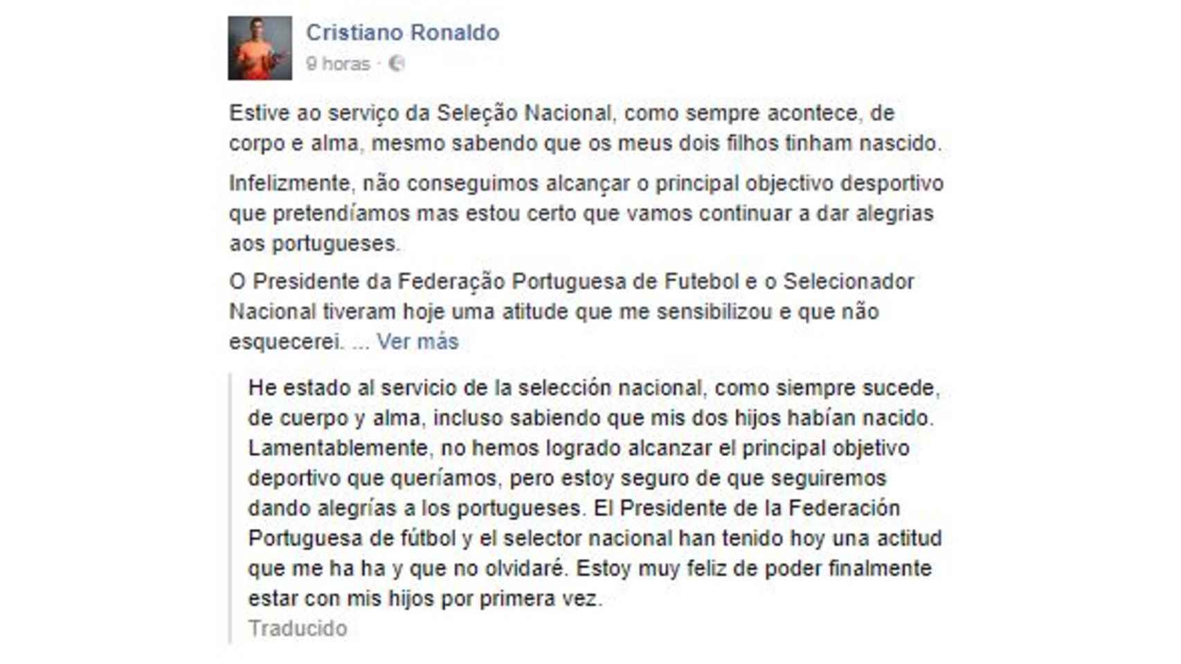 Captura del mensaje publicado por Cristiano Ronaldo en su cuenta de Facebook.