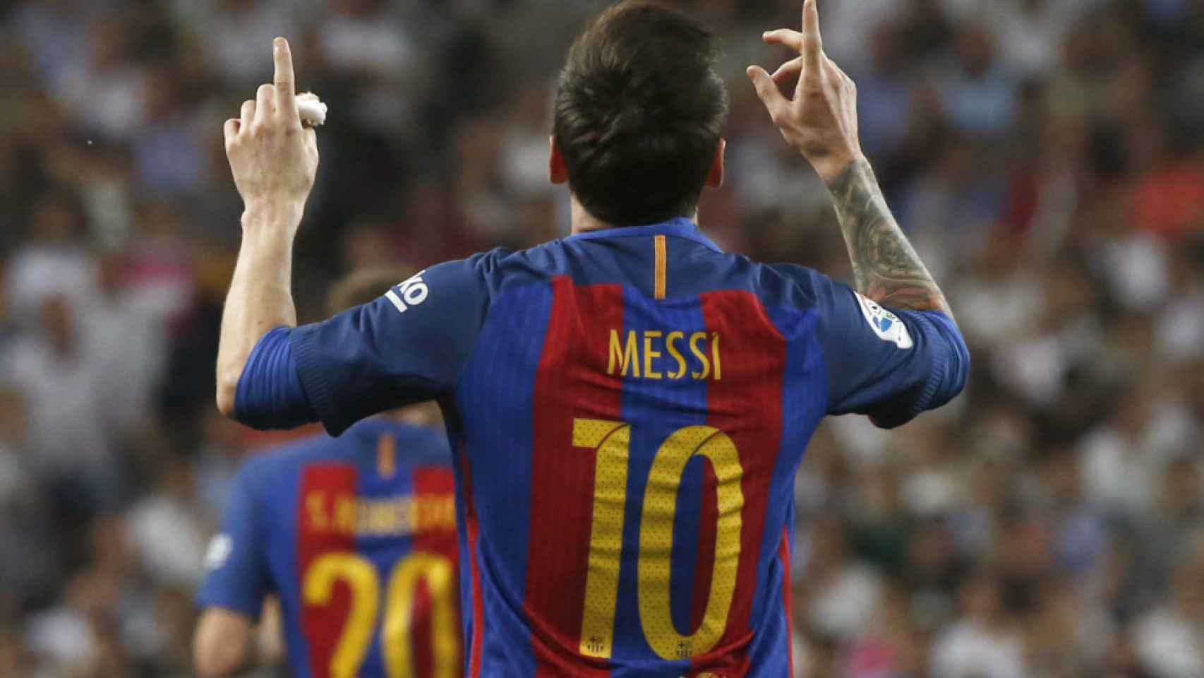 Messi celebra un gol con el Barcelona.
