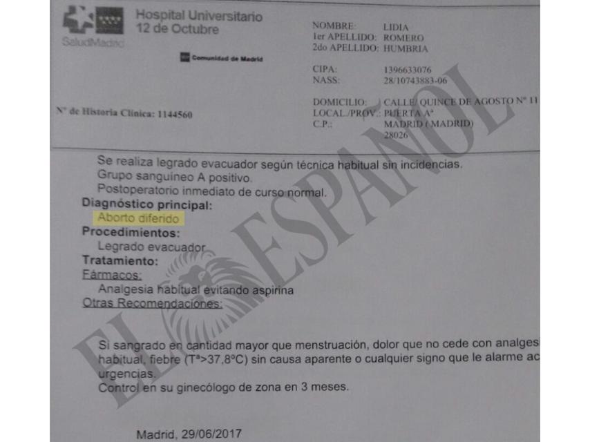 El parte obstétrico en el que se confirma el aborto que sufrió Lidia.