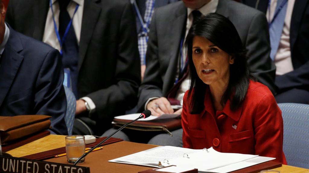 La embajadora de EEUU ante la ONU, Nikki Haley, durante su discurso.