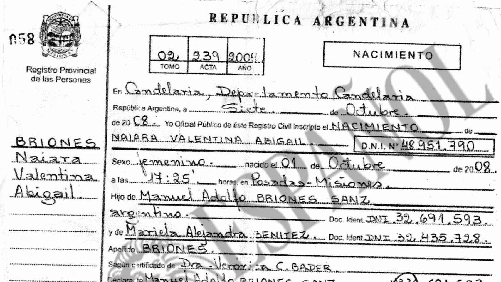 Partida de nacimiento de Naiara. Confirma que es argentina, como sus padres biológicos, Manuel y Mariela Alejandra.