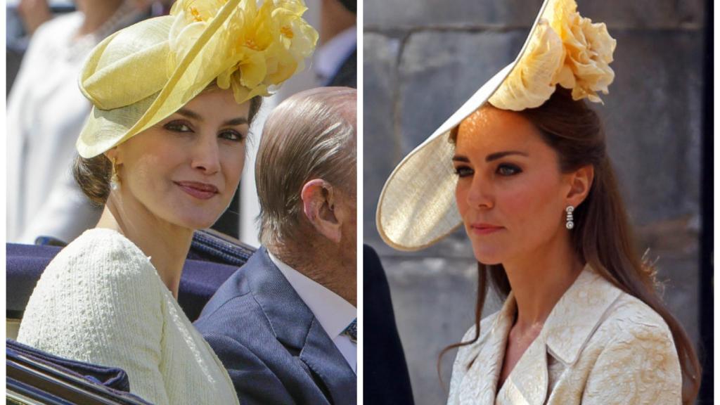 La reina Letizia este miércoles en Londres y Kate Middleton con un tocado similar.