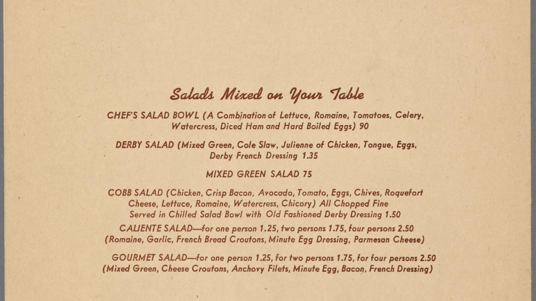 La carta del restaurante Brown Derby con la 'Caliente salad'.