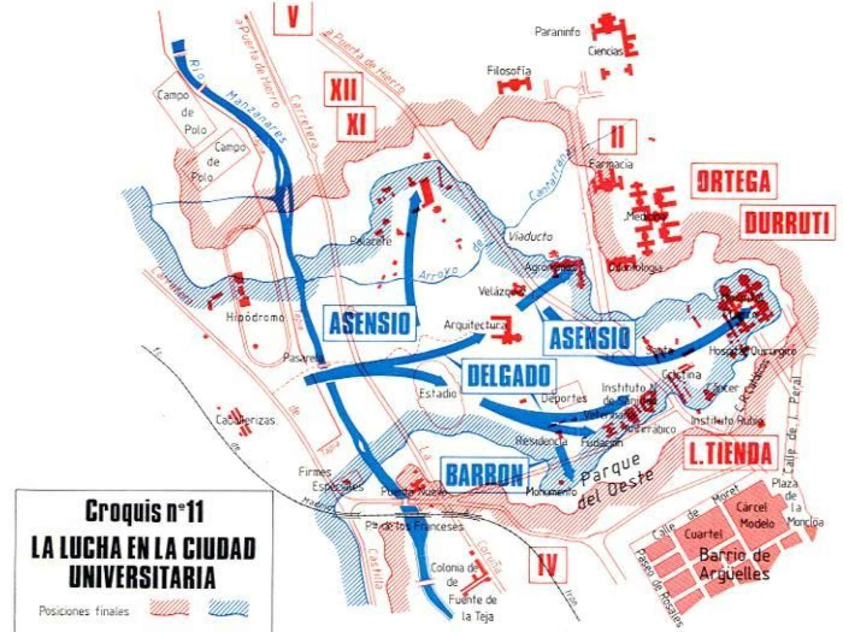 Plano de la batalla del Hospital Clínico y Ciudad Universitaria.