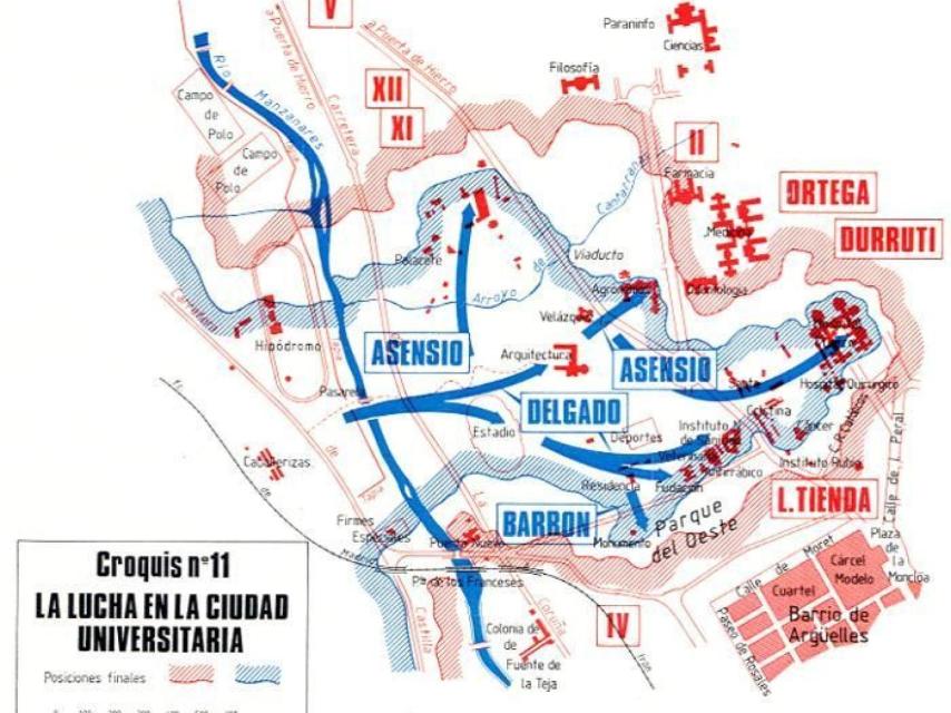 Mapa de las zonas republicanas y franquistas, en la Universitaria.