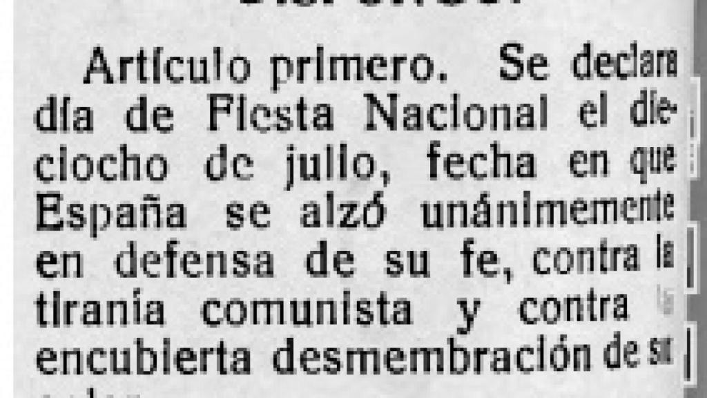 Orden del BOE por la cual se proclamó como día festivo el 18 de julio.