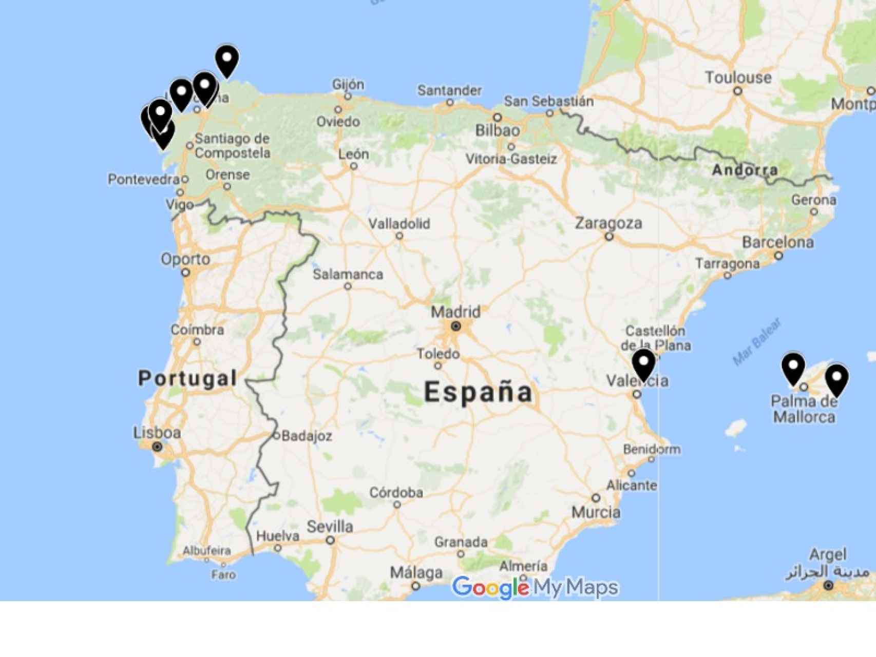 Mapa con las peores diez playas de España.