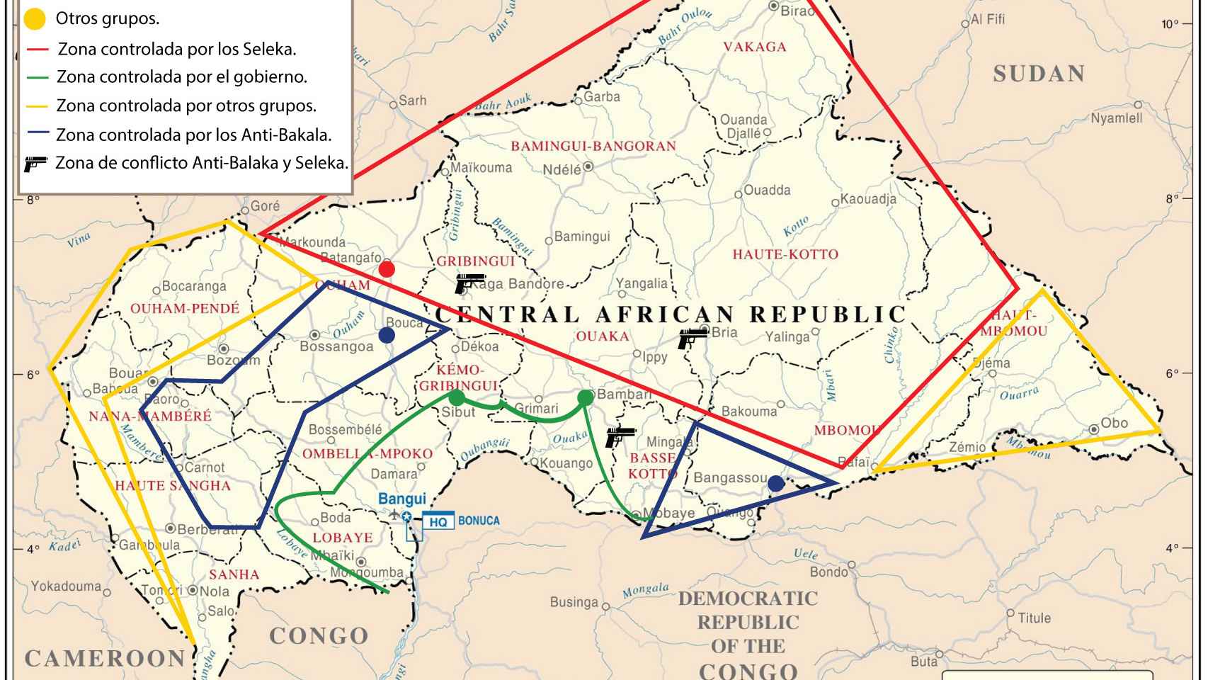 Reparto del territorio de la República Centroafricana entre los diferentes grupos.