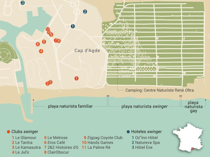 Mapa con las tres playas y los principales locales de intercambio de Cap D'Adge