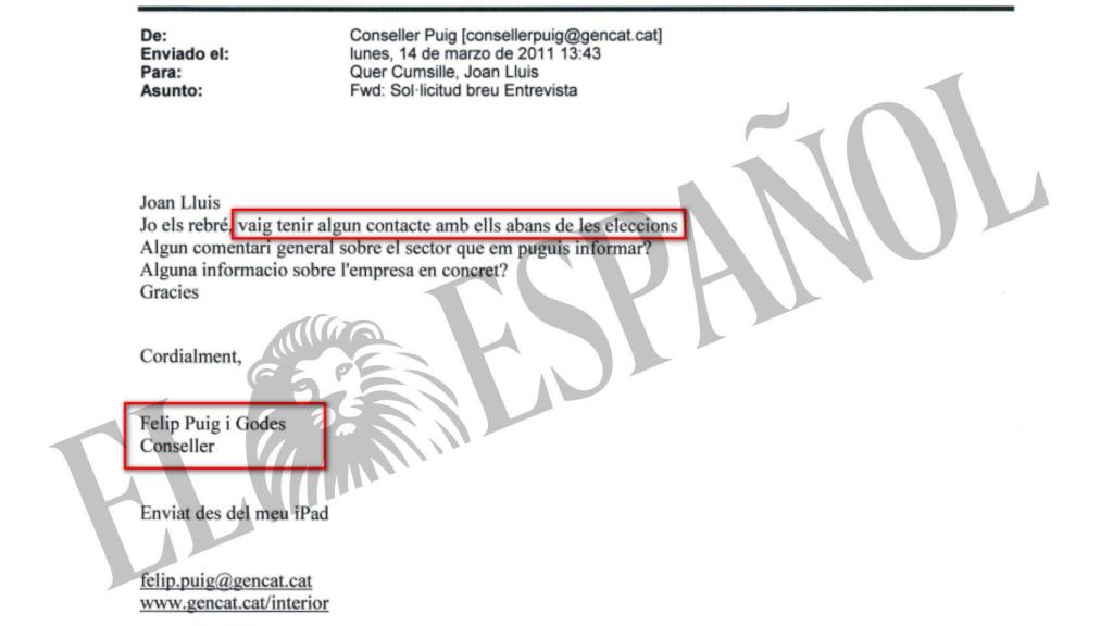 DOCUMENTO Nº 8. Correo del consejero de Interior Felip Puig anunciando su reunión con empresarios con los que contactó antes de las elecciones.