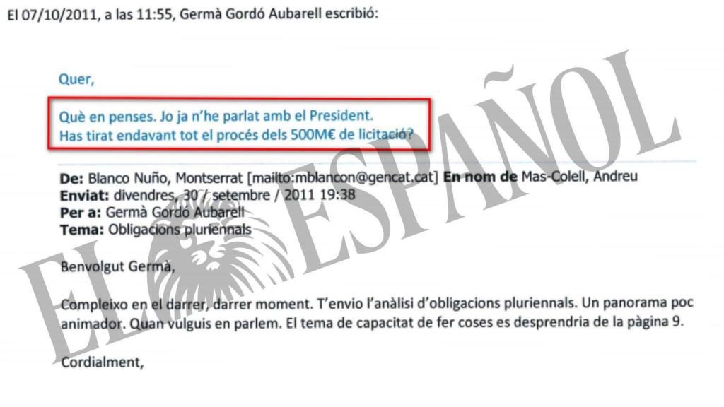 DOCUMENTO Nº 4. Correo por el que Gordó comunica a Quer que Artur Mas está conforme con licitar obra por valor de 500 millones de euros.