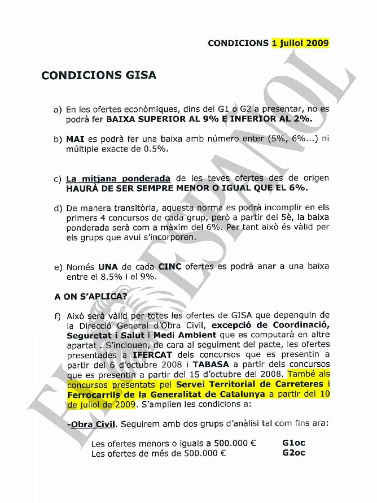DOCUMENTO Nº22. Hoja con las condiciones pactadas para licitar a los contratos ofertados por la empresa pública GISA, fechado en julio de 2009.