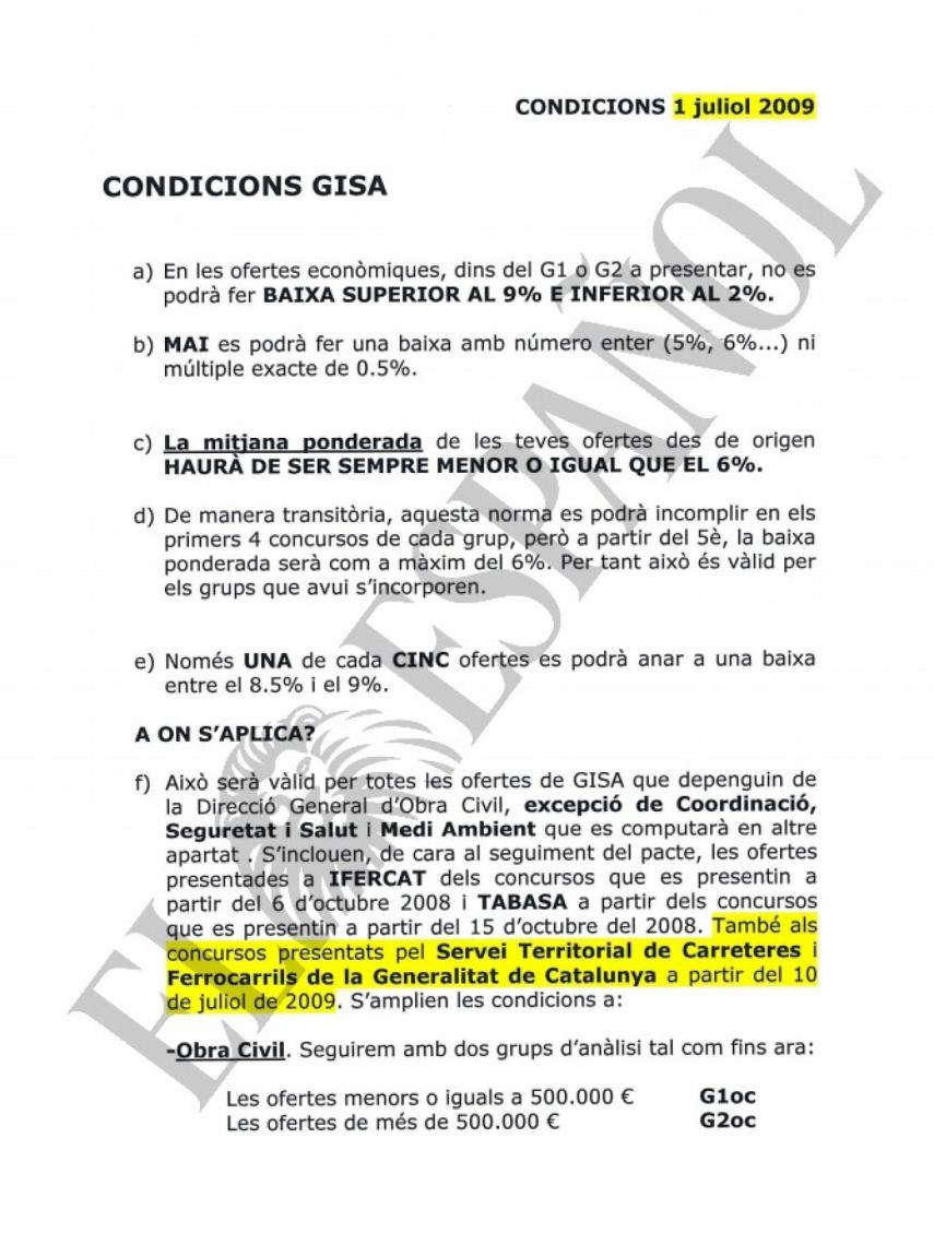 DOCUMENTO Nº22. Hoja con las condiciones pactadas para licitar a los contratos ofertados por la empresa pública GISA, fechado en julio de 2009.