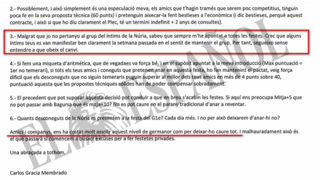 DOCUMENTO Nº 25. Correo en el que uno de los integrantes de la hermandad critica las decisiones sobre el pacto de precios acordadas para las licitaciones del Ayuntamiento de Barcelona.