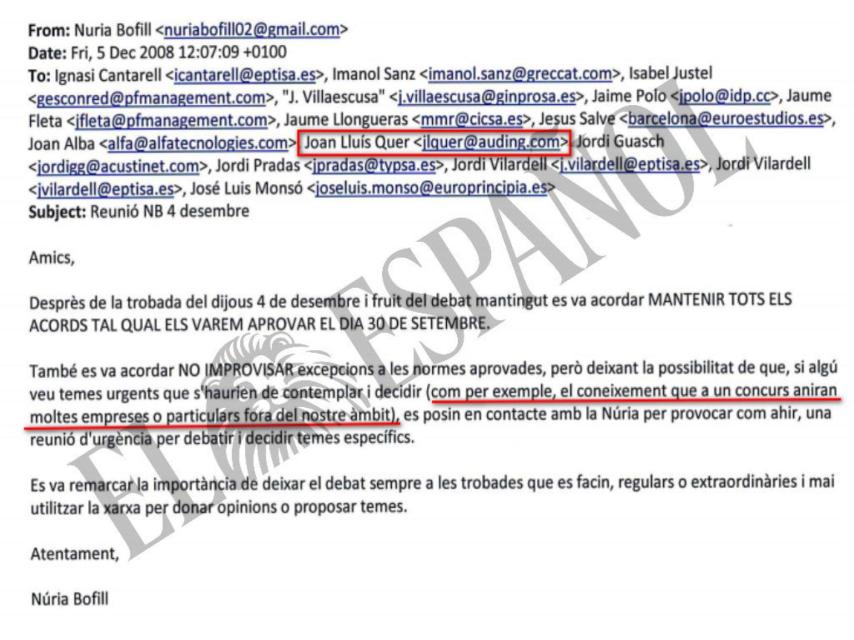 DOCUMENTO Nº 30. Correo electrónico remitido, entre otros destinatarios, al que fuera nombrado por Artur Mas presidente de GISA, Joan Lluis Quer.