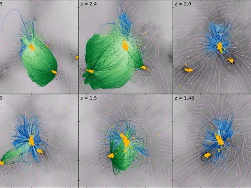 Simulación de los vientos solares fluyendo de una galaxia a otra.