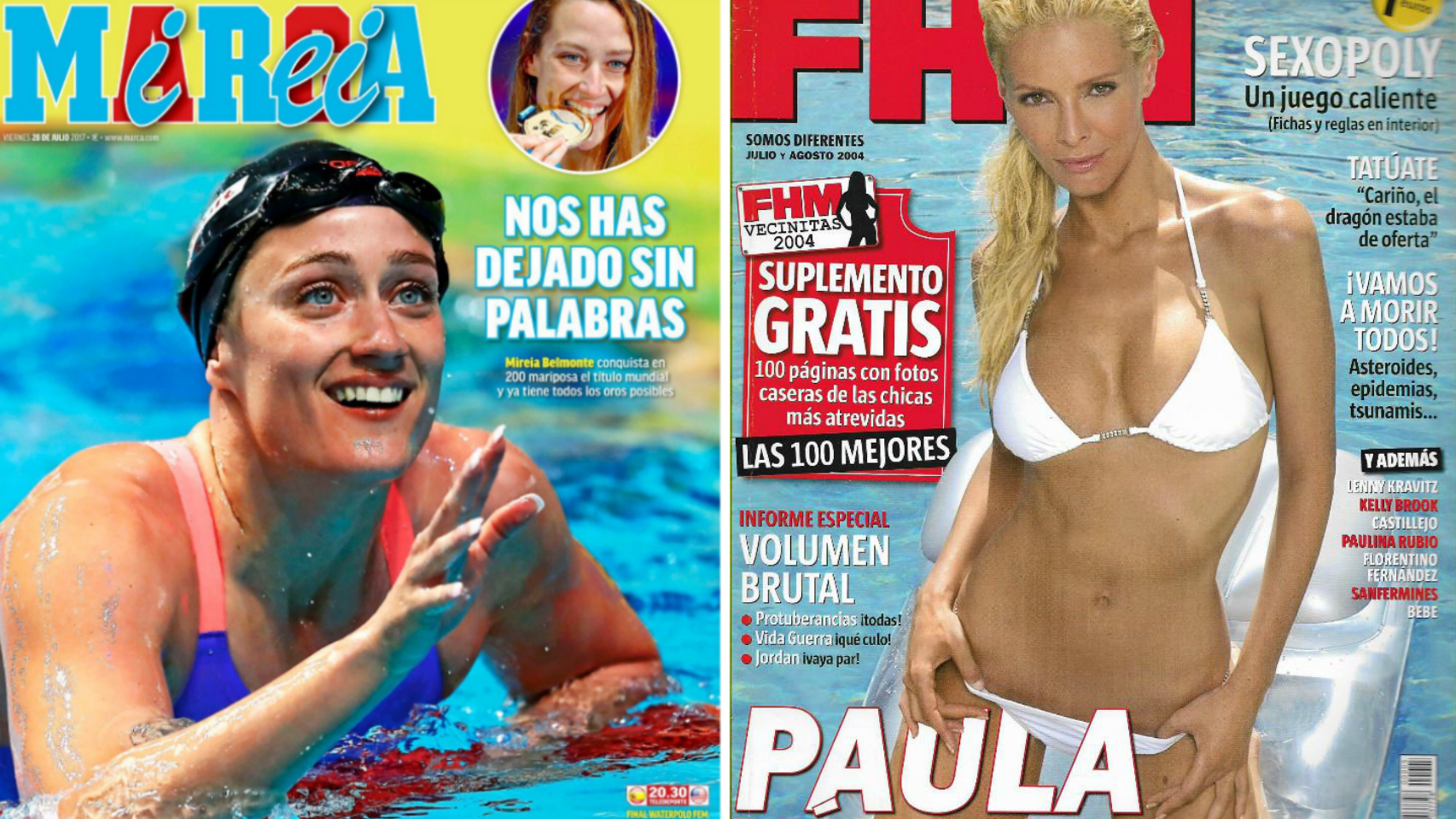 La portada de Mireia Belmonte en el diario Marca y la de Paula Vázquez hace años en la revista FHM.
