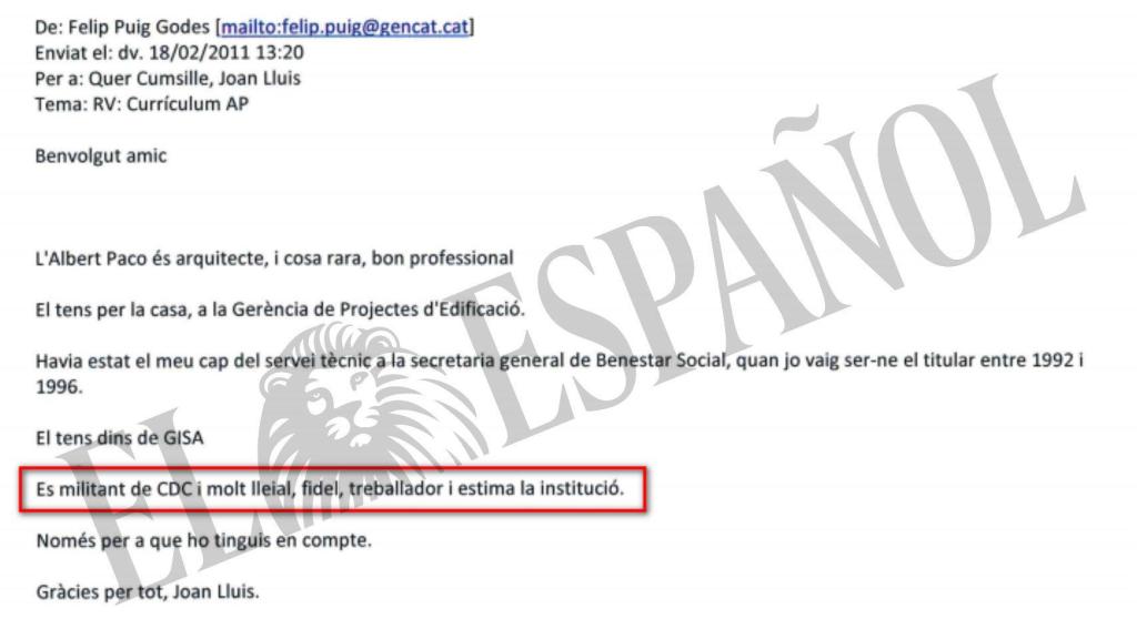 DOCUMENTO Nº32. Correo del conseller Felip Puig donde pide un trato especial a un arquitecto por ser militante de CDC y leal.