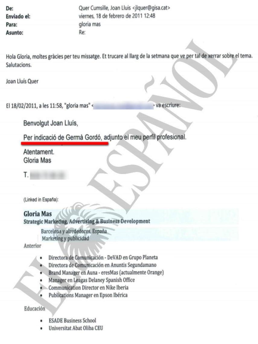 DOCUMENTO Nº 33. Correo electrónico donde Gloria Mas envía su currículo personal tras mantener un conversación con Germà Gordó, entonces secretario del Govern de Artur Mas.