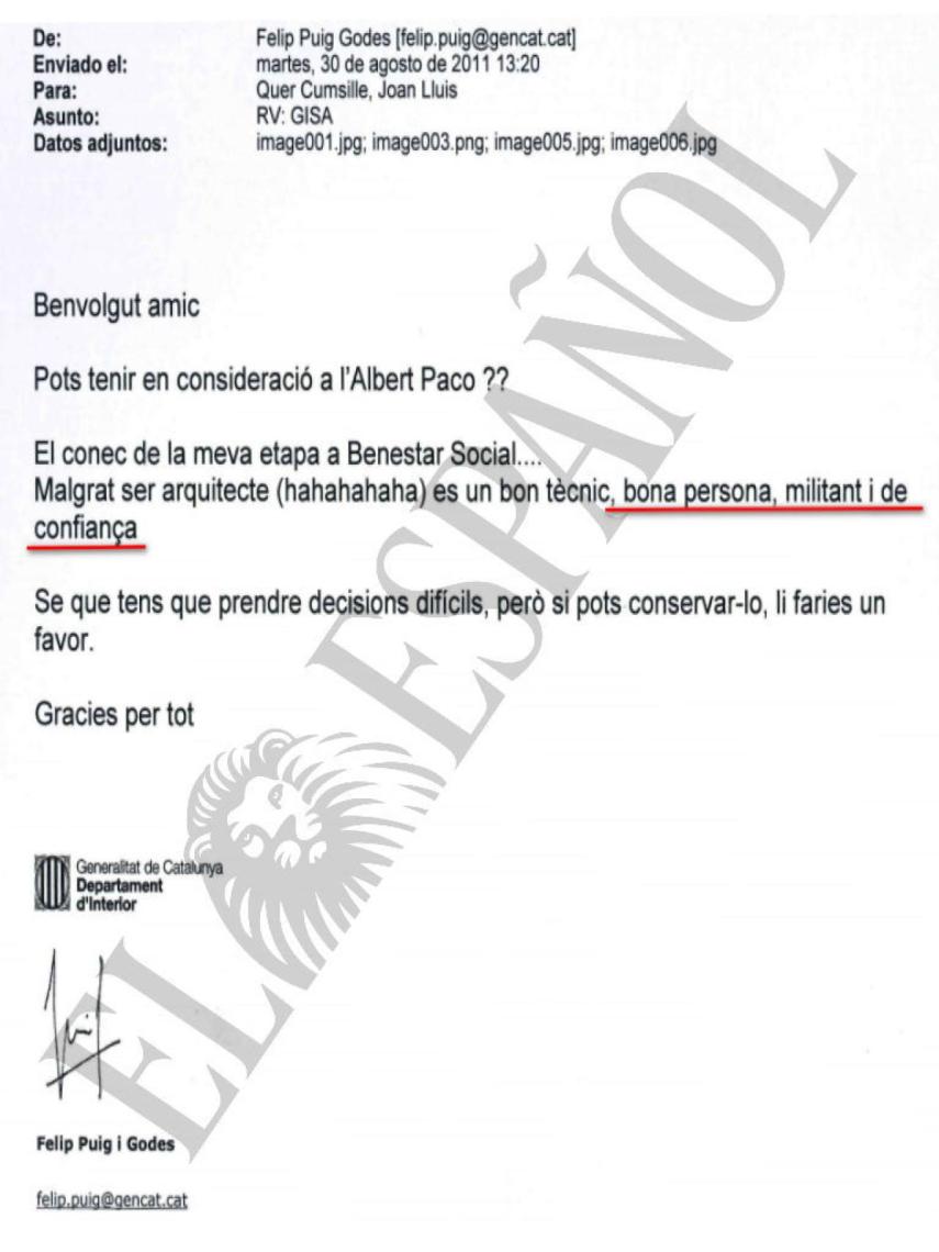 DOCUMENTO Nº 34. Correo del consejero de Interior Felip Puig donde pide que uno de sus amigos, arquitecto y militante, quede fuera de los despidos planeados en la empresa pública.