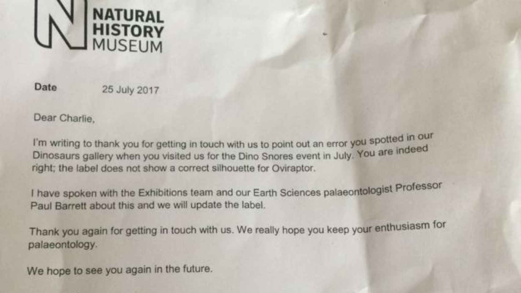 La carta que enviaron los responsables del museo a la familia de Charlie.
