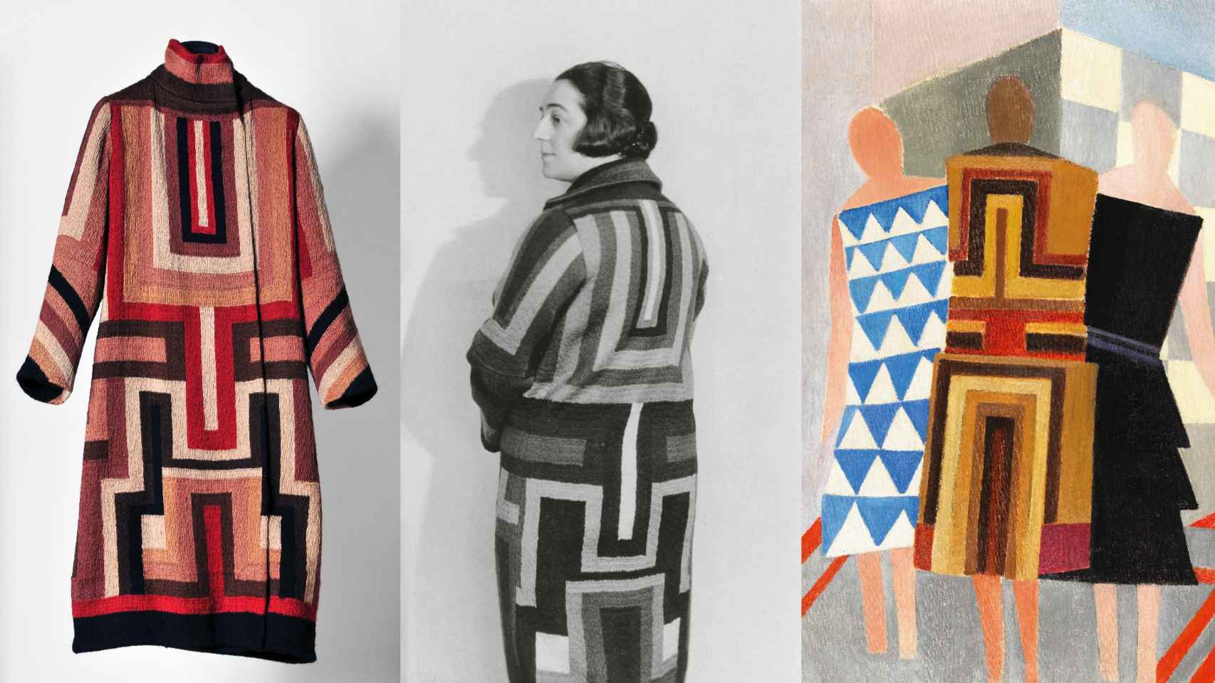 Abrigo para Gloria Swanson, Sonia Delaunay con él y cuadro 'Vestidos simultáneos'. | Foto cortesía de Museo Thyssen-Bornemisza.