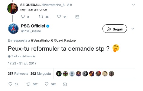 El PSG ya juega también con el fichaje de Neymar en Twitter: la contestación a un aficionado