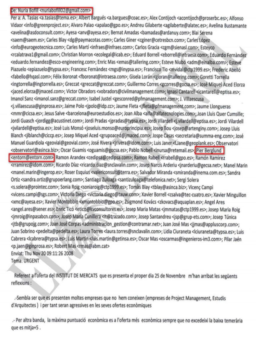 DOCUMENTO Nº 36. Correo electrónico enviado desde una cuenta extraoficial en Gmail para tratar el pacto de precios en las licitaciones del Ayuntamiento de Barcelona.