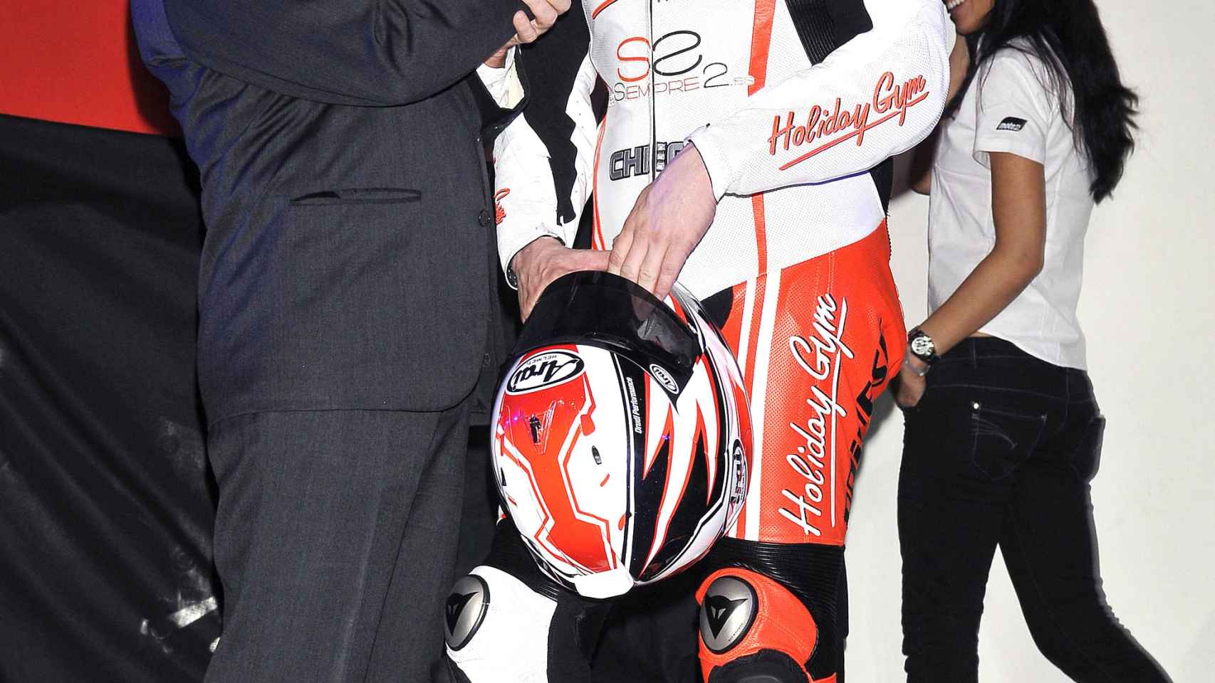 Fonsi y Ángel Nieto durante la presentación del equipo de moto 2, Laglisse, en 2010