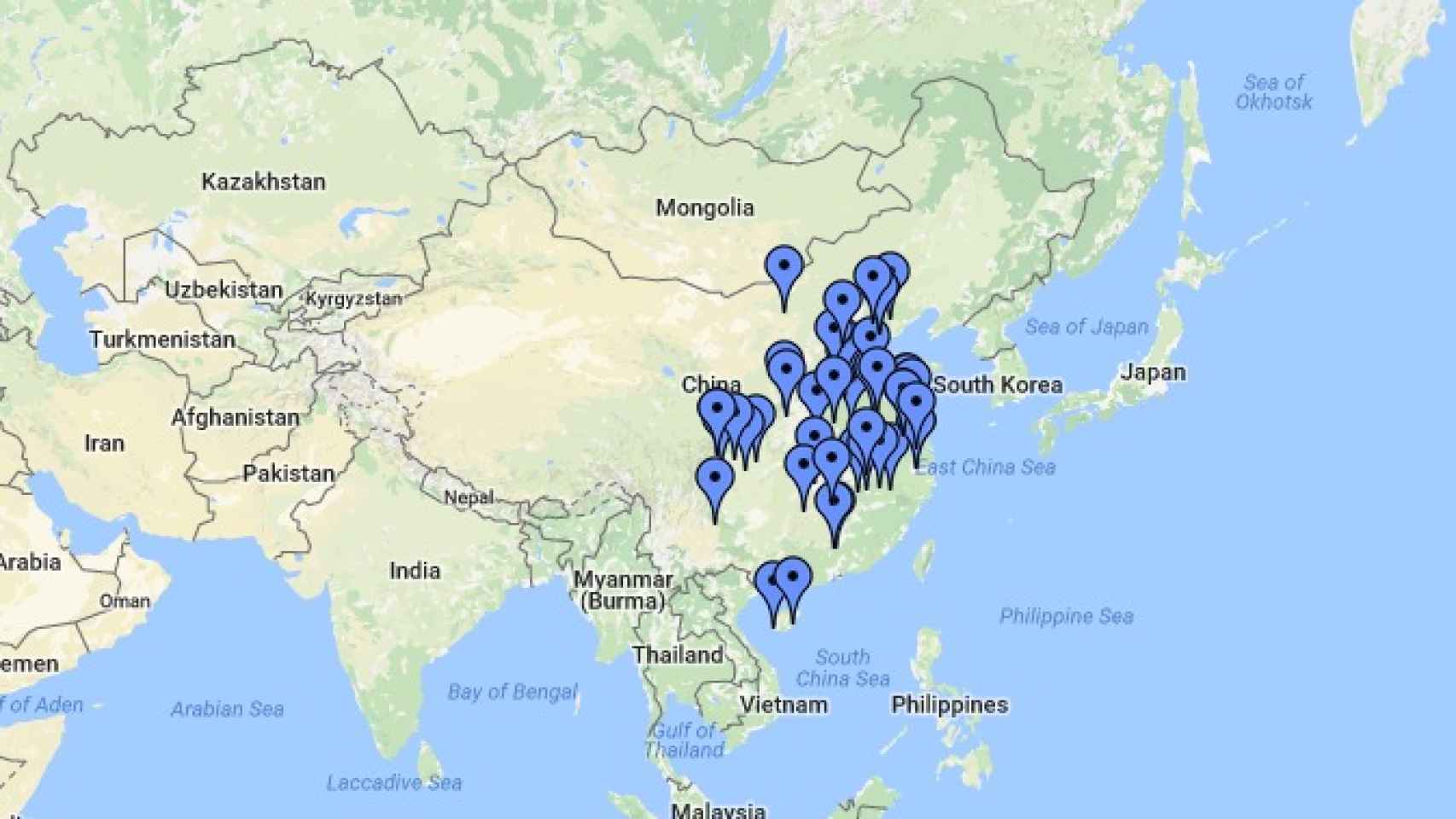 Ubicación de las 'aldeas del cáncer' en China.