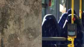 A la izquierda, una supuesta cara de Bélmez; a la derecha, los asientos vacíos de un autobús.