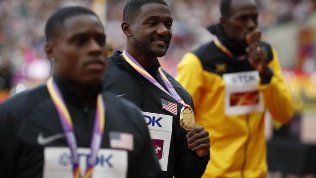 Gatlin, en el podio del Mundial de Londres junto a Coleman y Bolt.