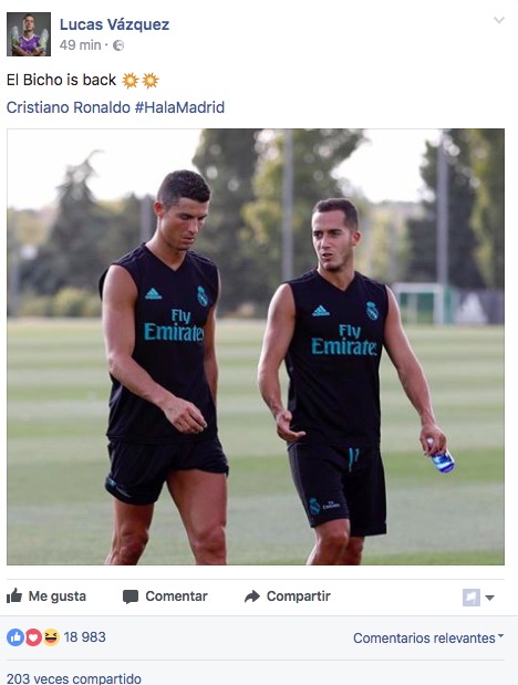 Lucas Vázquez ya presume de la vuelta de Cristiano Ronaldo.