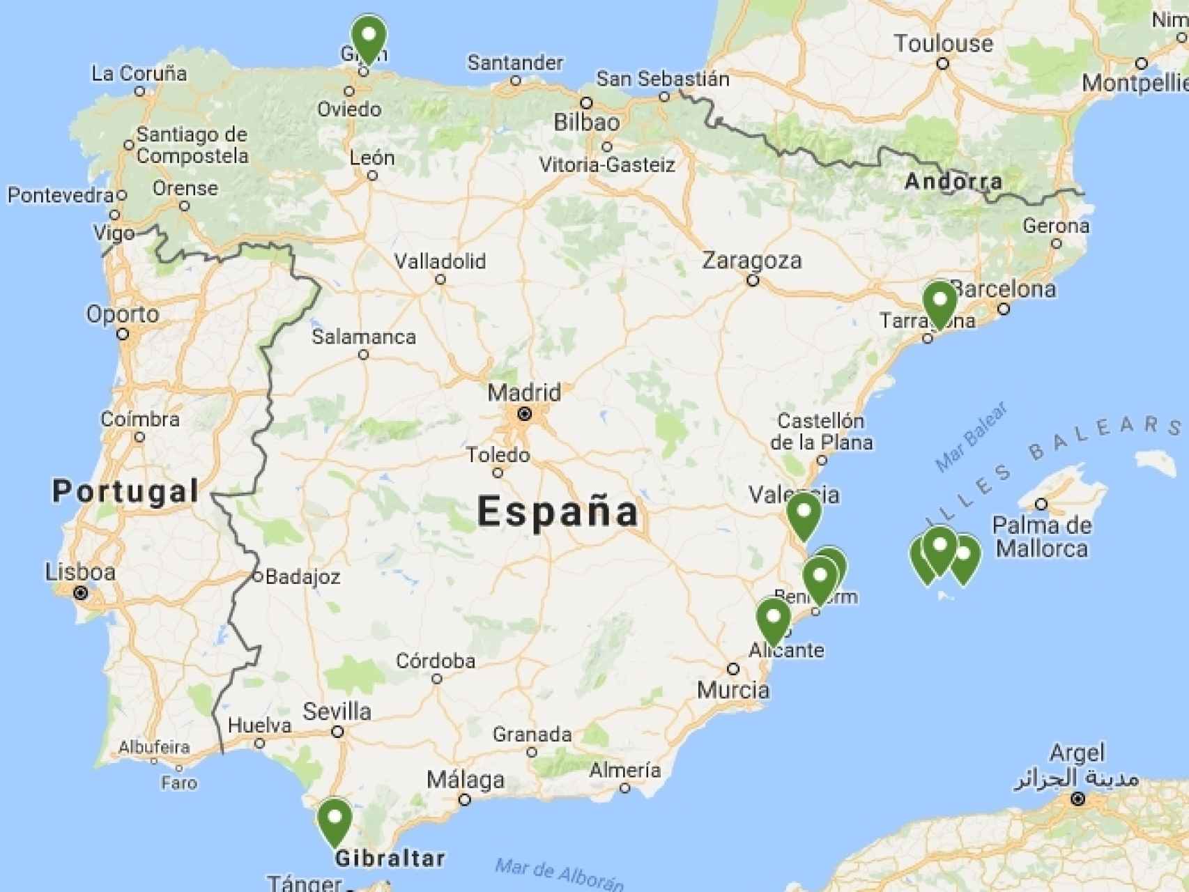 Mapa con las mejores diez playas nudistas de España.