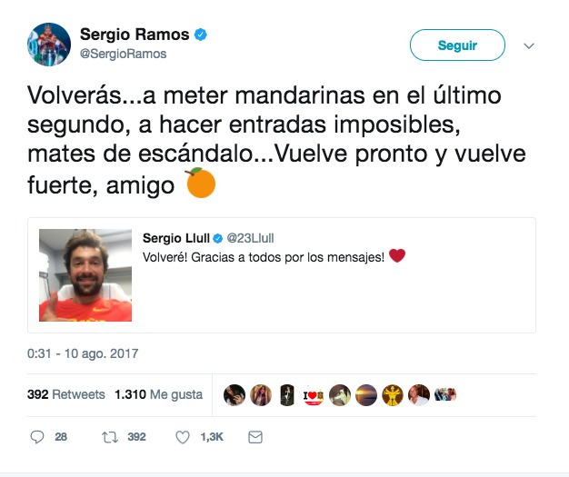 Sergio Ramos manda fuerza a Llull tras su lesión. Foto: Twitter (@SergioRamos)