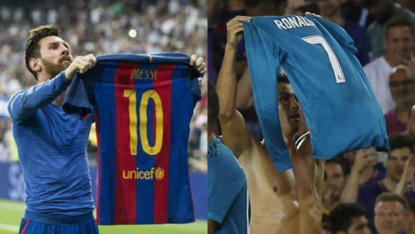 La celebración de Messi en el Bernabéu (i) y la de Cristiano en el Camp Nou (d).