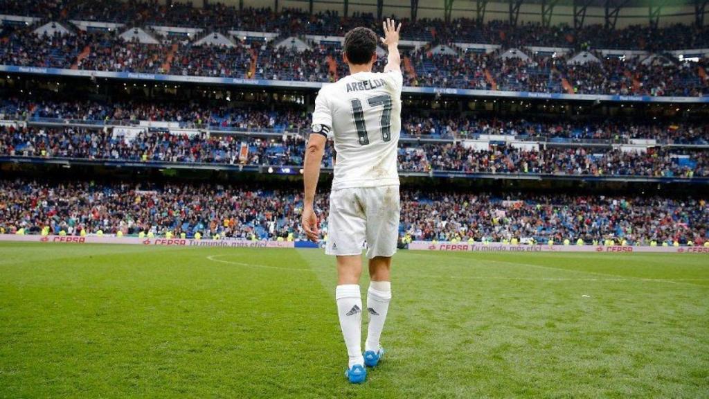 Arbeloa, durante su despedida del Bernabéu