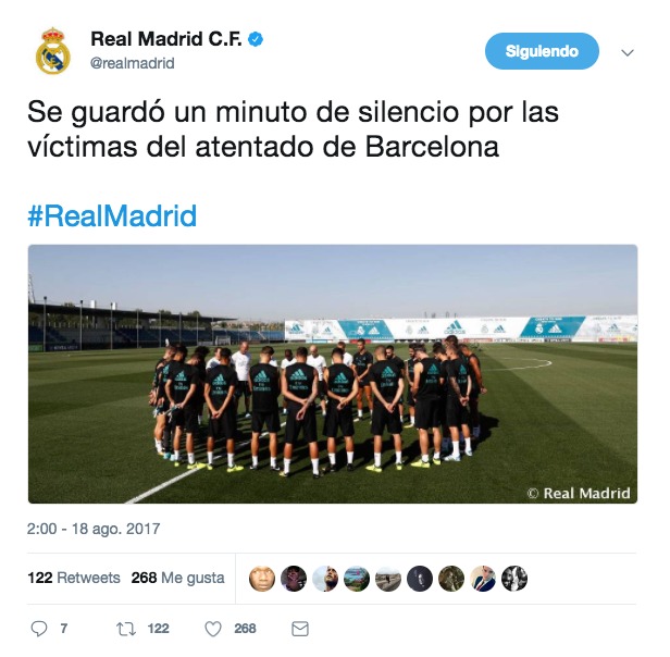 Minuto de silencio en el entrenamiento del Real Madrid por el atentado. Foto: Twitter (@realmadrid)