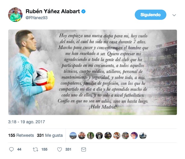 Ruben Yáñez se despide del Real Madrid. Foto: Twitter (@RYanez93)
