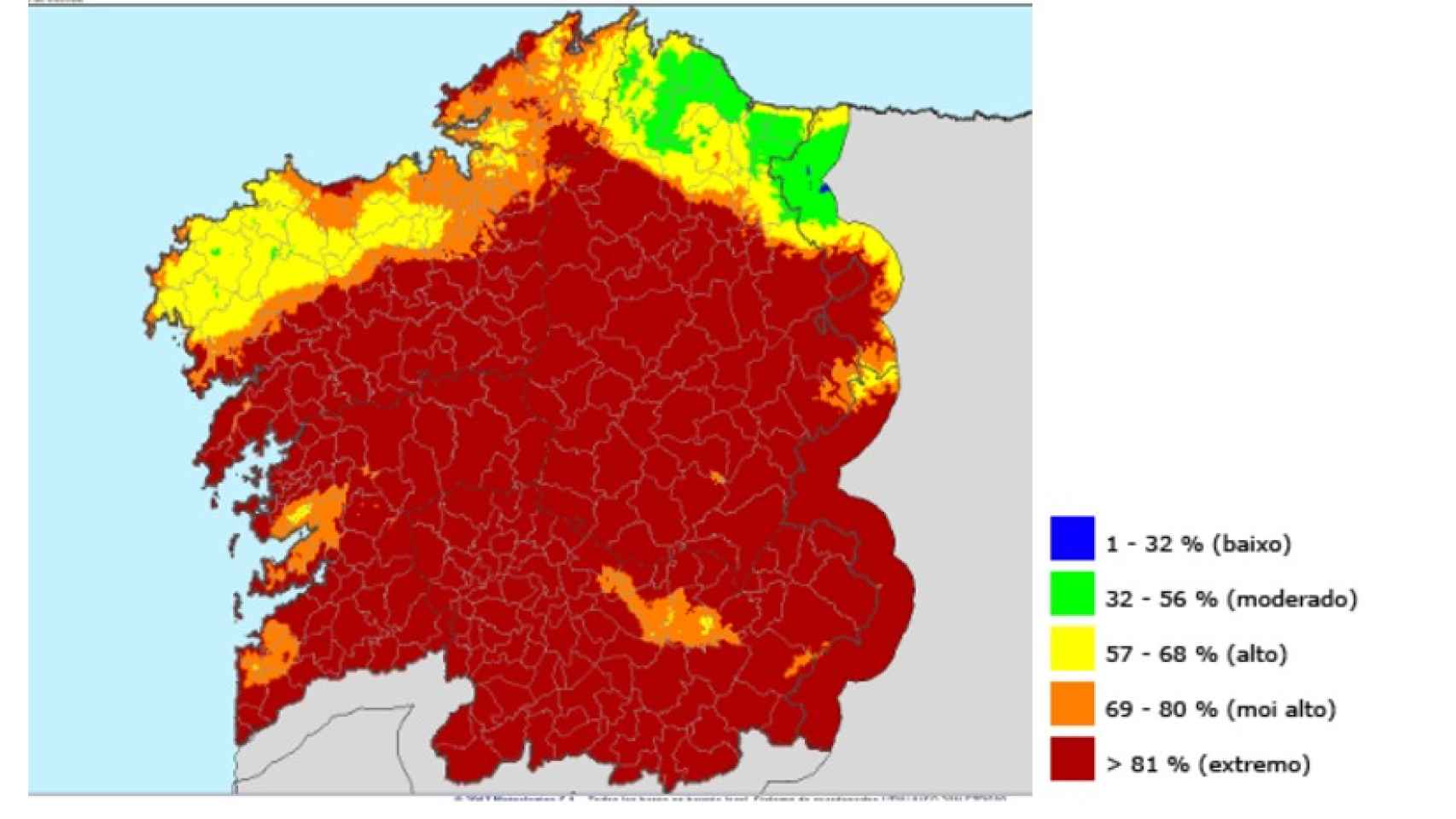 El índice de Riesgo Diario de Incendio marca la probabilidad diaria de incendio en Galicia. Este mapa está actualizado a la probabilidad de este pasado domingo 20 de agosto.