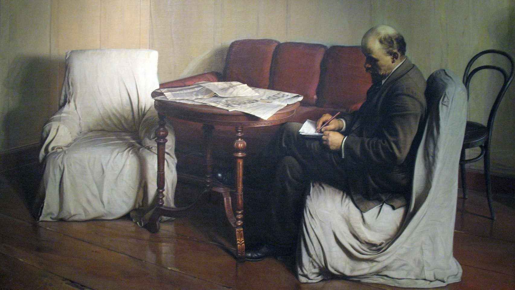 Retrato de Lenin redactando una proclama en su habitación del Instituto Smolny, obra de Isaak Brodsky.