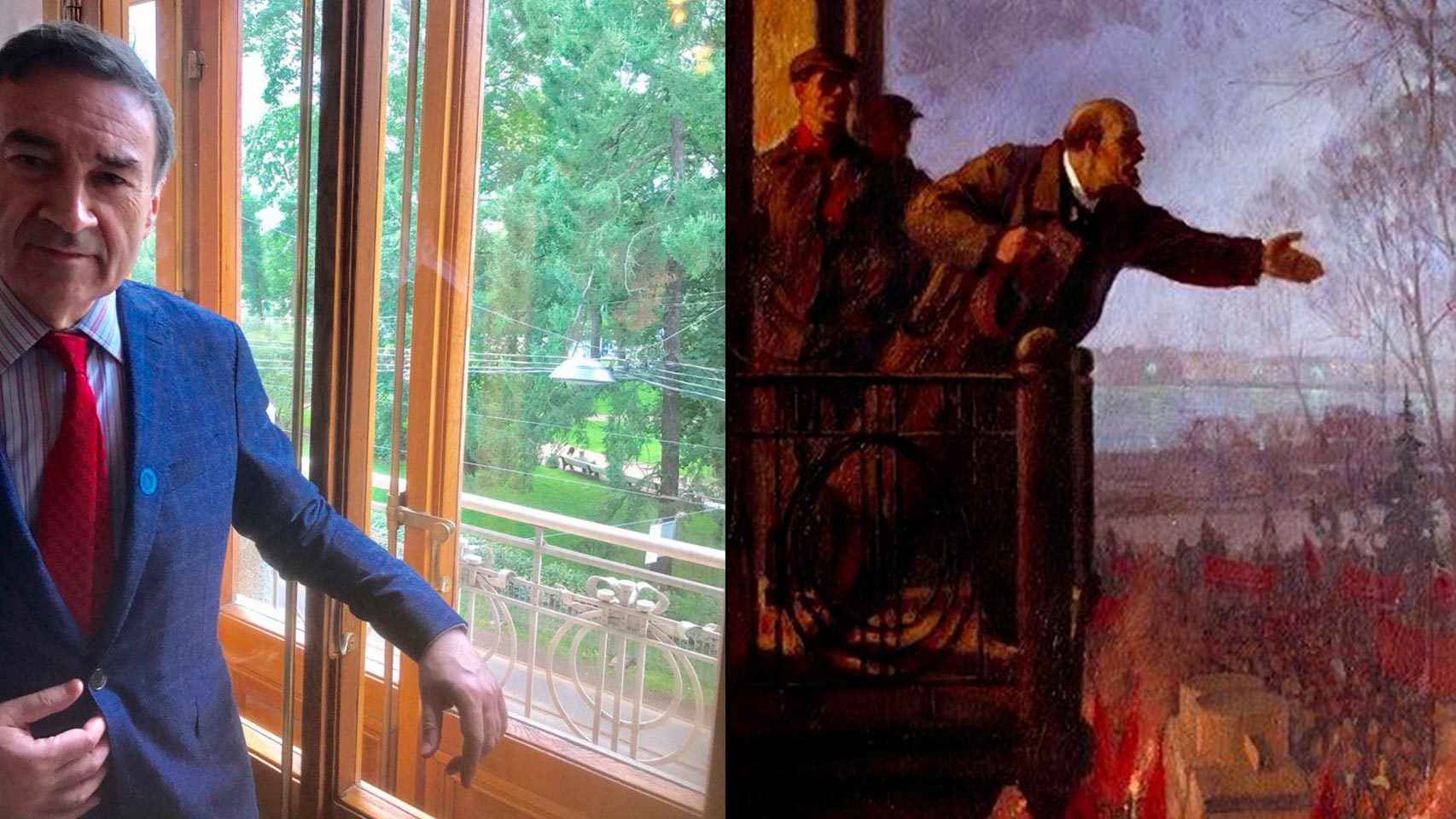 El balcón del palacio de Matilde Kschessinskaya desde el que Lenin expuso las “tesis de abril” y el cuadro que representa su arenga.