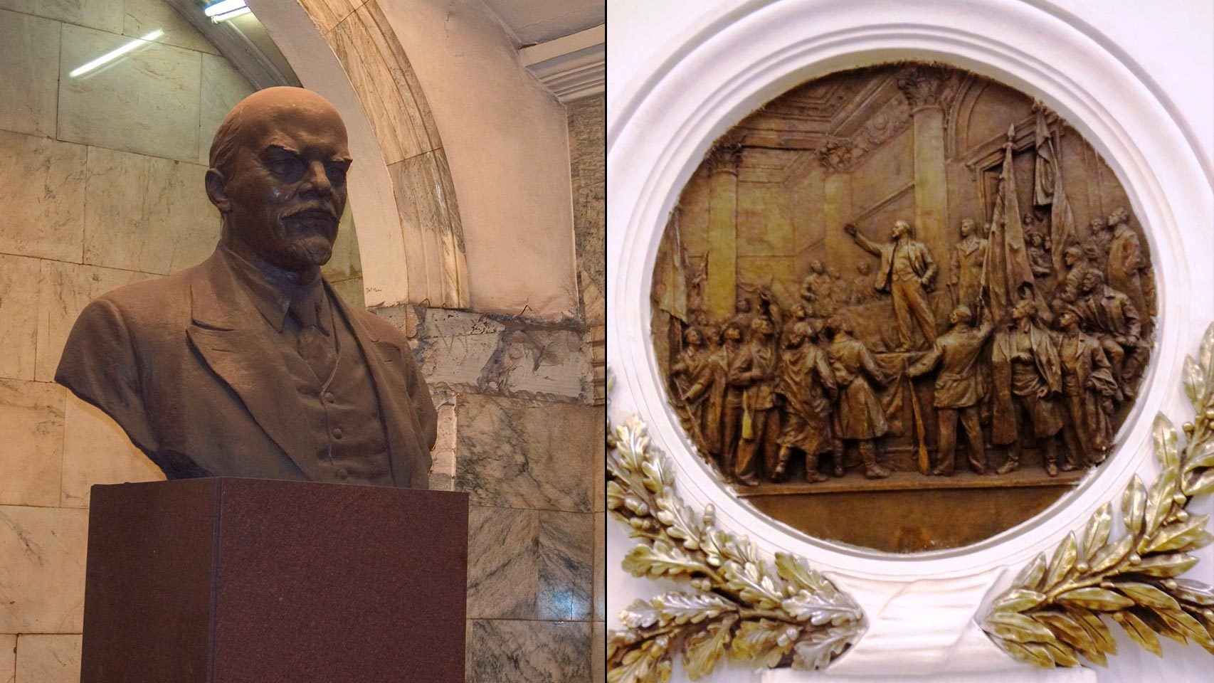 Un busto de Lenin y un bajorrelieve de uno de sus discursos en dos estaciones del metro de San Petersburgo.