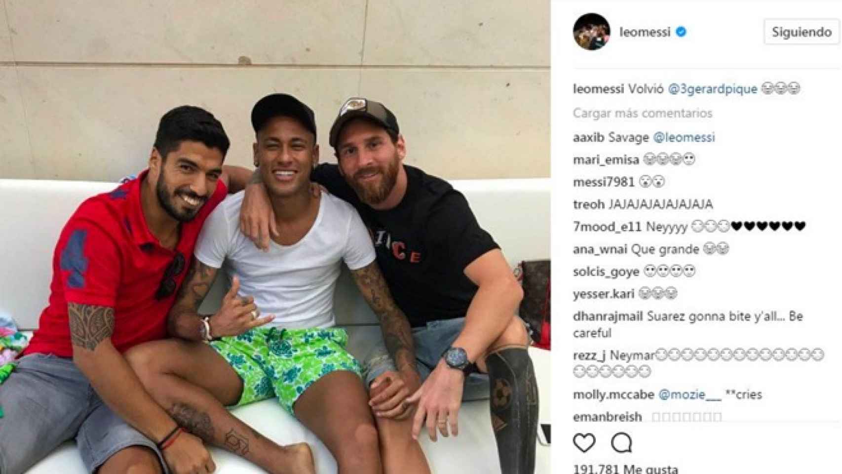 Suárez, Neymar y Messi, en el post de Instagram del argentino.