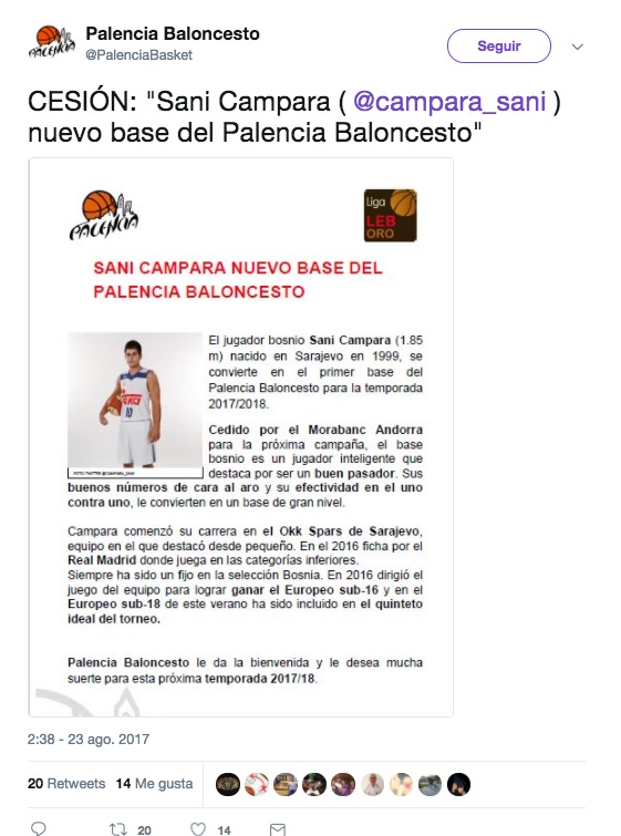 El Palencia confirma la cesión de Sani Campara. Foto: Twitter (@PalenciaBasket)