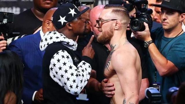 Mayweather y McGregor, durante una rueda de prensa previa al combate.