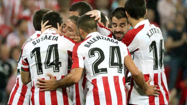 Los jugadores del Athletic celebran el gol de Muniain al Panathinaikos.