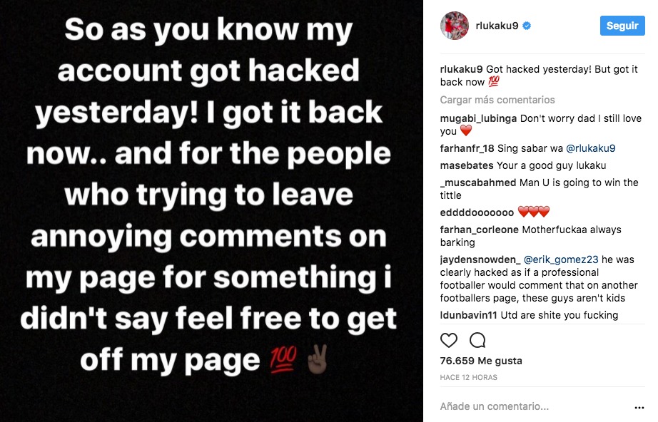 Lukaku afirma ser víctima de un hackeo. Foto: Instagram (@rlukaku9)